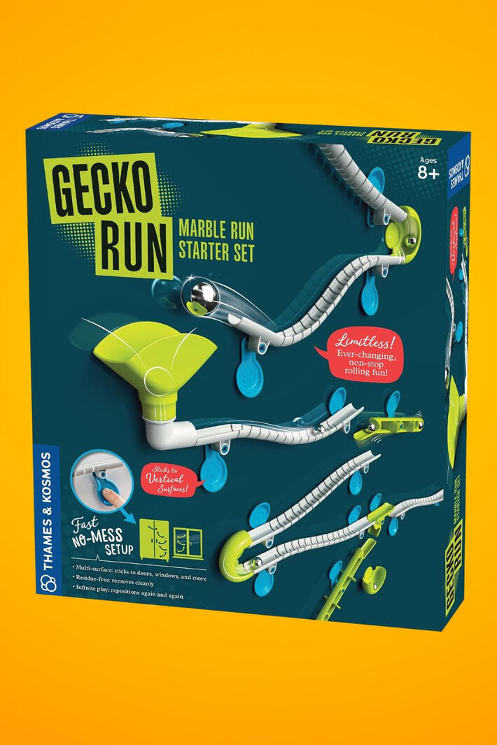 The Most Creative Building Toy That Sticks to Your Walls Gecko Run is a vertical marble run that sticks to any smooth surface with zero damage to walls, windows, mirrors, or doors. 60+ pieces, endless configurations, and pure building fun every single time. No support structures needed so you can build as high a