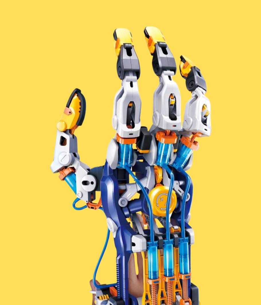 The Thames & Kosmos Mega Cyborg Hand is a wearable hydraulic hand powered entirely by air pressure and water, with enough grip to actually lift objects. Three configurations, adjustable finger joints, and a STEAM Toy of the Year award to back it up.