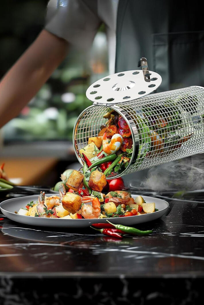 Rolling Grill Basket for Easy Outdoor Cooking Have you ever tried grilling vegetables or small foods, only to watch them fall through the grates? This rolling grill basket makes outdoor cooking easier by keeping everything contained while still getting that perfect grill flavor. With a removable woode