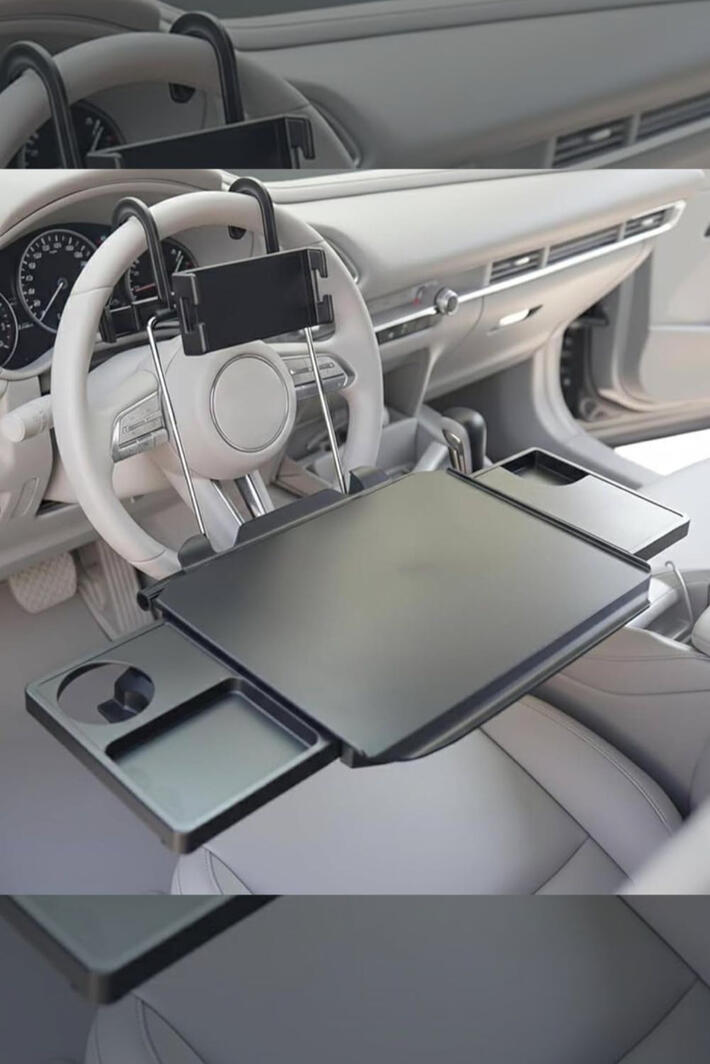 The 2-in-1 Steering Wheel Tray hooks on in seconds and gives you a stable surface for eating, working, and managing your phone on the go. Height adjustable, folds flat for storage, and works in any car, SUV, or truck.