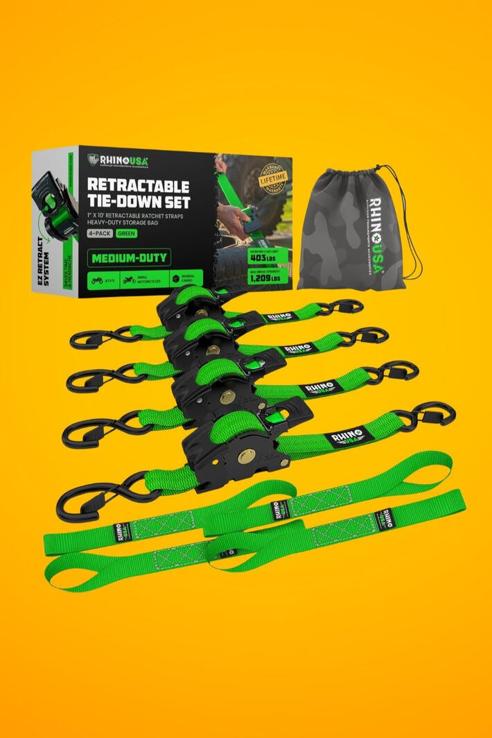 Ratchet straps that put themselves away. If you've ever wrestled with a tangled mess of straps after a haul, the Rhino USA Retractable Ratchet Straps are about to change your life. With a simple click of a button the strap retracts automatically no more bunching, no more tangling, no more stuffin