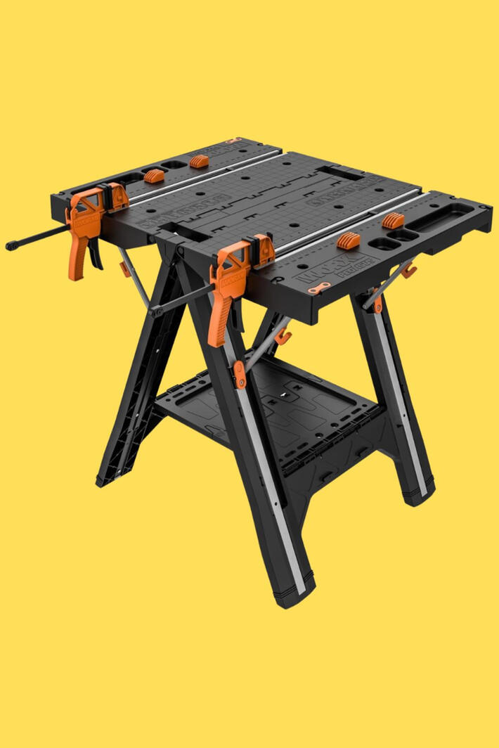 The workbench that goes wherever the project is This portable, folding workbench converts from a full work table to a sawhorse in seconds, no tools required. With a 1,000 lb. sawhorse capacity, built-in clamping system, integrated measuring guide, and a lightweight 30 lb. frame, it's the workhorse every