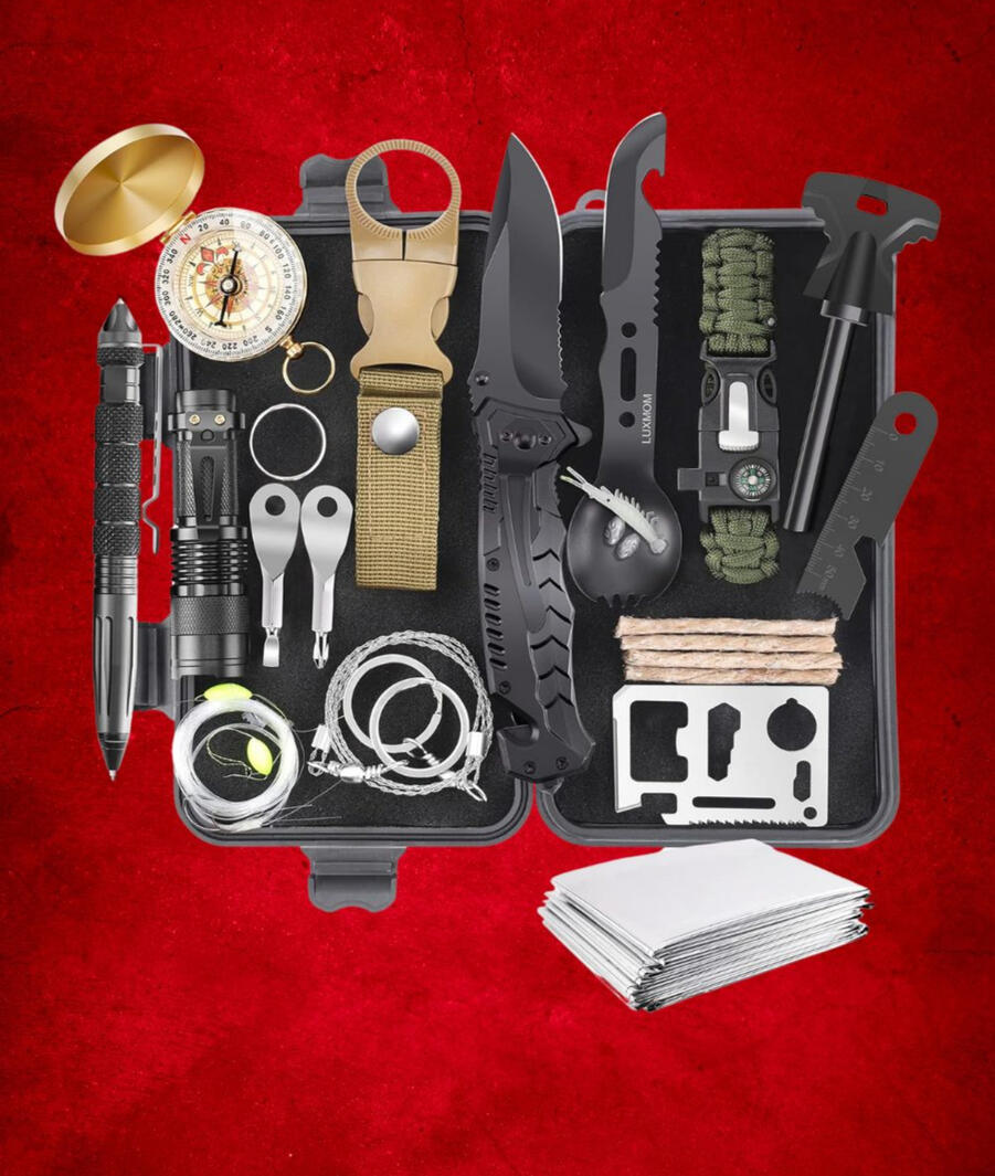 A compact survival kit packed with useful tools for camping, hiking, or emergencies. A solid gift idea for men and teens.