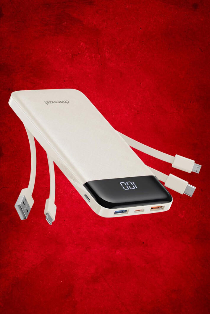 Portable Power Bank with Built-In Cables for Travel Have you ever been out for the day and realized your phone was dying, and you forgot the charging cable? This slim portable power bank has built-in cables, so you can charge your devices without carrying extra cords. It’s compact, easy to travel with, and