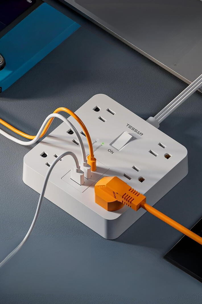 The TESSAN Flat Plug Power Strip has 6 AC outlets spaced so nothing blocks anything else, plus 3 USB ports, including USB-C. The ultra-thin flat wall plug sits flush against the wall so furniture pushes all the way back, no bent cords, no awkward gaps. 170