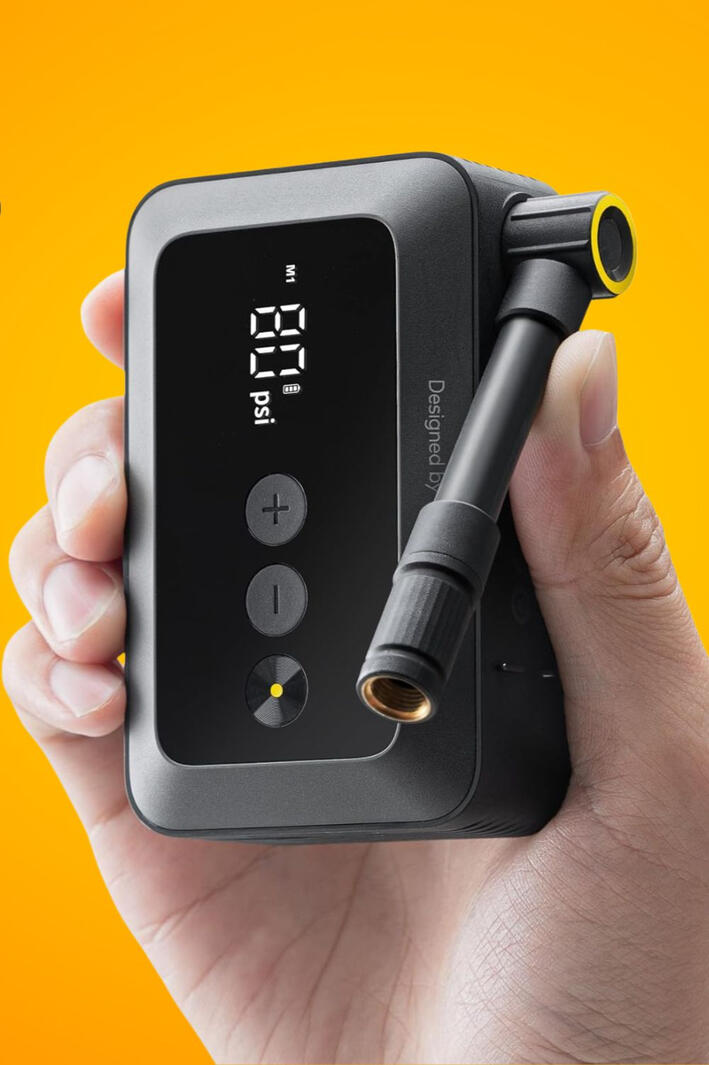 Flat tire? Fixed in 25 seconds. The HOTO Mini Electric Bike Pump fits in your pocket and inflates a road tire to full pressure in under a minute. Auto shut-off, LED pressure display, 150 PSI max, and enough battery for 8 flat fixes per charge.