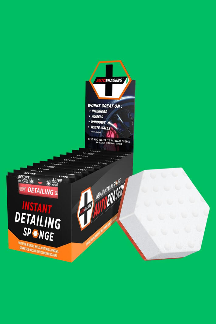 AutoERASERS Instant Detailing Sponges are pre-moistened, pocket-sized, and ready to use anywhere no bucket, no hose, no mess. Dual-sided for scrubbing and sensitive surfaces. 12-pack, reactivates with water, and fits right in your glove box.